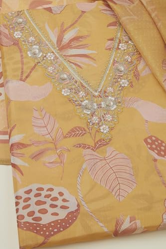 Soch Womens Yellow Tissue Shimmer Botanical Print Unstitch Dress Material With Sequins