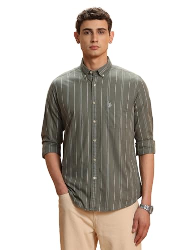 U.S. Polo Assn. Denim Co. Men's Striped Slim Fit Button Down Shirt (UDSHT2005_Green