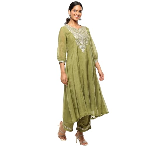BIBA Women's Polyester Blend Kurta Sets (SKDRIVYT10119AW24MEH_Mehndi