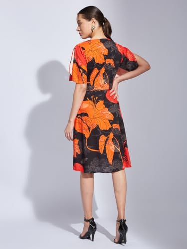 Latin Quarters Women Black V-Neck Short Sleeve Printed A-Line Dress for Casual Wear