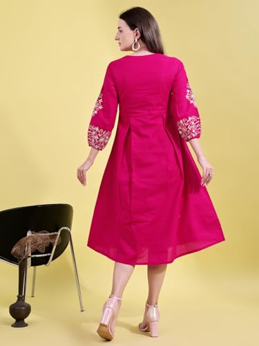 Womanista Linen Blend Women's Fuchsia Cotton Flex with Embroidered Sleeves Empire A-LINE Ethnic Dress Maxi (ETHNICDRESS_113_Pink_M)