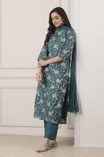 BIBA WOMEN PRINTED NARROW SALWAR KURTA DUPATTA(SKDSKD7053E_PEACOCK GREEN_36)