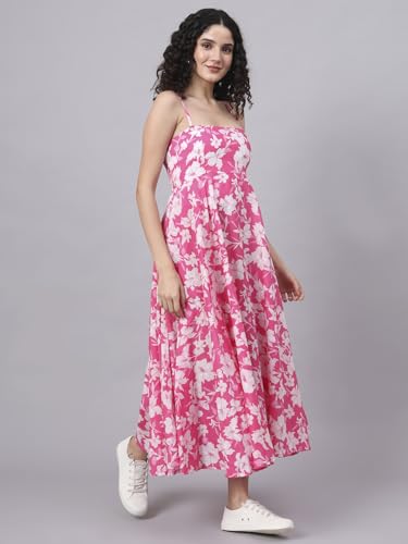 Divena Pink Floral Shoulder Straps Cotton Dress