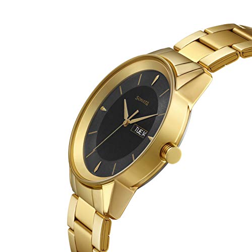 Sonata Utsav Quartz Analog With Day & Date Grey Dial Gold Stainless Steel Strap Watch for Men - NT7133YM02