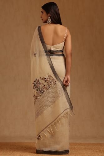 Soch Womens Black Linen Floral Hand Embroidered Saree