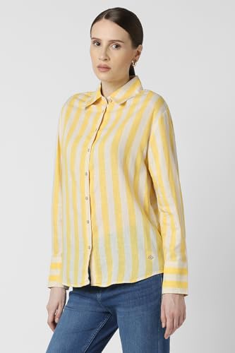 Women Yellow Stripe Long Sleeves Casual Shirt