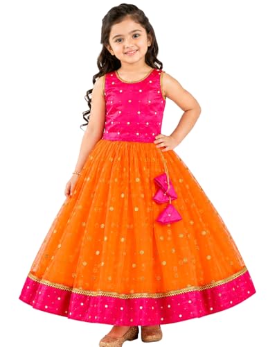 Baby Girls Designer Lehenga Choli Set Orange Rani Pink Readymade Pattu Pavadai Style Traditional Ethnic Dress for Baby Girls Kids Festive Wedding 3-6 Months