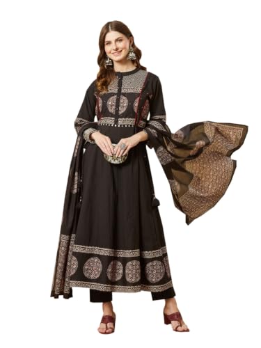 Divena Black Cotton Anarkali kurta Pant set With Dupatta