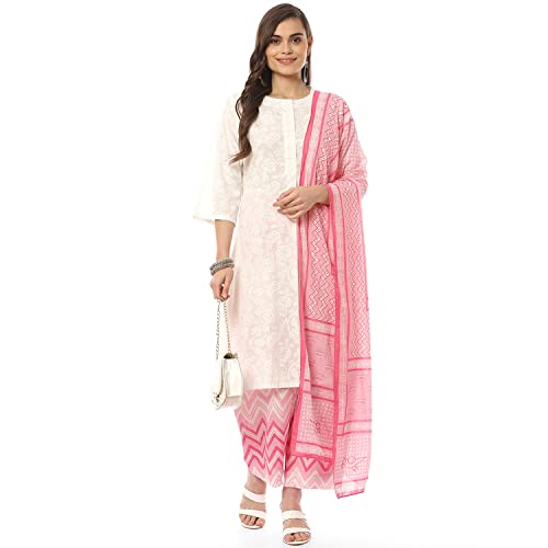 BIBA Women Printed Straight Salwar Kurta Dupatta(Skd8052_Wht/Pnk_42), Cotton, White/Pink