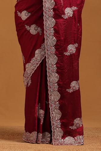 Soch Womens Wine Organza Floral Saree With Zari Embroidery and stone work