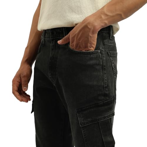 United Colors of Benetton Solid Comfort Fit Cargo Jeans (Size: 40)-25A4MBOO5029I901 Black