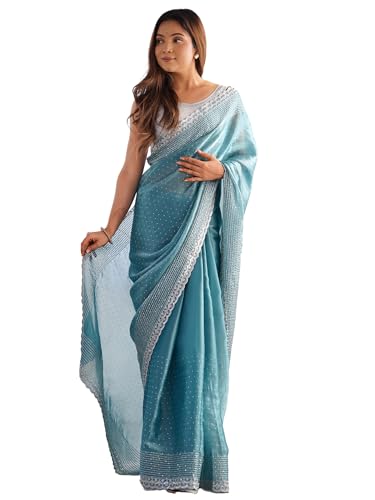 SAREE MALL Women's Turquoise Organza Embellished Saree With Unstitched Blouse (KESARI12601_KR)