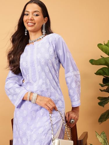 Ada Hand Embroidered Lucknowi Chikankari Mauve Cotton Kurta Kurti for Women A411707 (4XL)