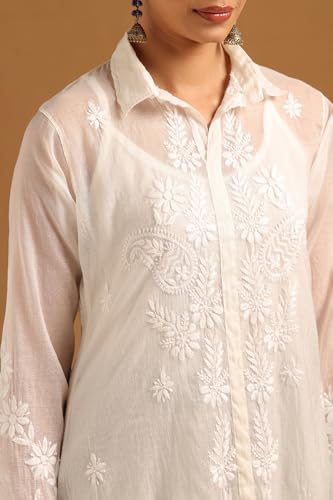 Soch Womens Off White Chanderi Floral Tunic with Thread Work