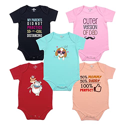 Fflirtygo Baby Wear Cotton Jumpsuit/Infants Rompers Half Sleeves/Body Suit Multi-Color Romper for Baby Boys and Girls Set of 5Pcs Combo Pack