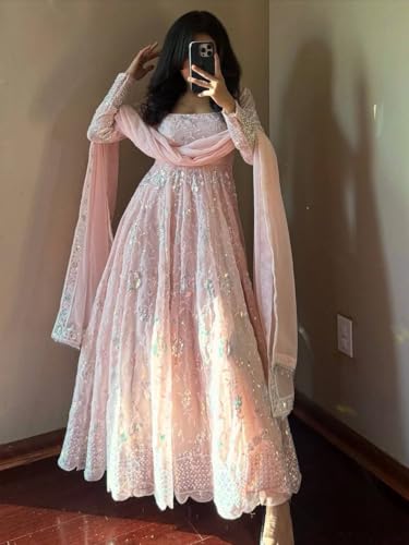 SIRIO CRAFT Women’s Peach Pink Embroidered Anarkali Gown with Dupatta Ethnic Dress for Wedding & Festive (in, Alpha, L, Regular, Woman, pich Pink)