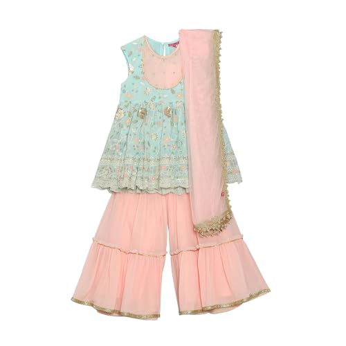 BIBA Girls SOLID; EMBROIDRED GATHERED KID(KWROYAL GARDEN5864_AQUA BLUE_5)