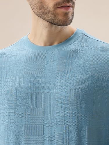 Status Quo Men's Geometric Textured Round Neck Full Sleeve Regular Fit T-Shirt | 50% Cotton 45% Polyester 5% Lycra | S.Blue | M Size