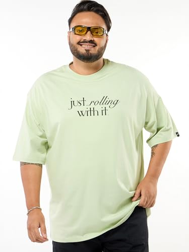Bewakoof Men's Graphic Print Oversized Fit Half Sleeve Round Neck Cotton Plus Size T-Shirt_694214_Green_6XL