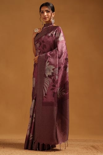 Soch Womens Wine Tussar Floral Printed Saree