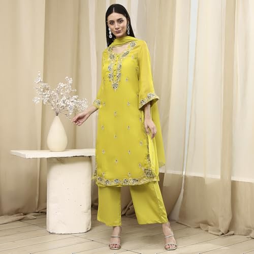 BIBA Women Lime Green Embroidered Straight Suit Set_38
