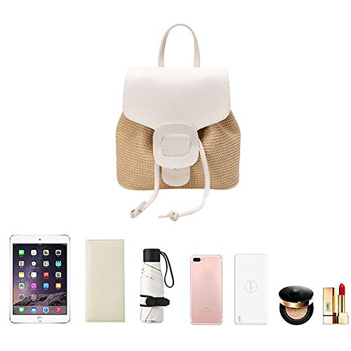 Hoce Straw Backpack Purse Mini Drawstring Flap Backpack for Women Girls Beach (White)