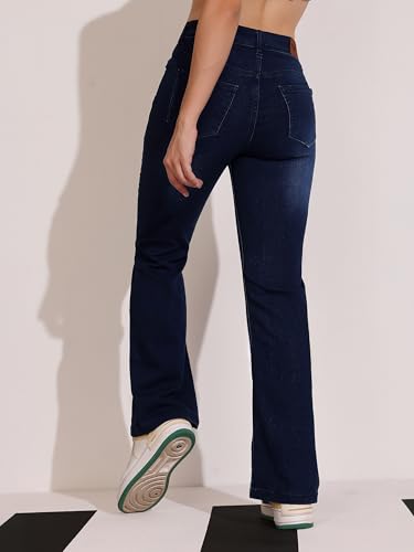Dolce Crudo Women's High-Rise Regular-Length Stretchable Flared Denim Jeans (DOSS24DEN12-92-358-30, Olympic Blue, 30)