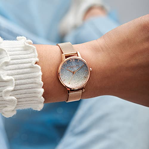 Olivia Burton Under The Sea Qtz Basic Blue to Silver Gradient Round Dial Women's Watch|Ionic Plated Rose Gold Steel Material|Rose Gold Color Band - OB16EX204