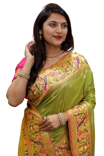 AMIRAT Women's Paithani Silk Woven Zari Saree With Blouse Piece (perrot Green)
