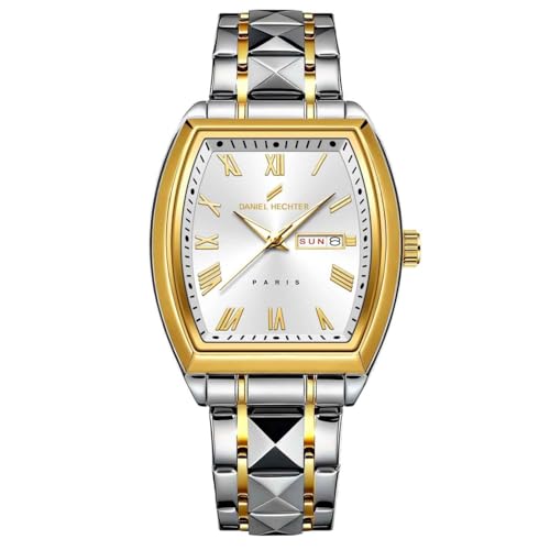 Daniel Hechter Duroc Collection Luxury Watch for Men with Roman Indices, Day-Date Display and Two-Tone Studded Stainless Steel Strap (White)