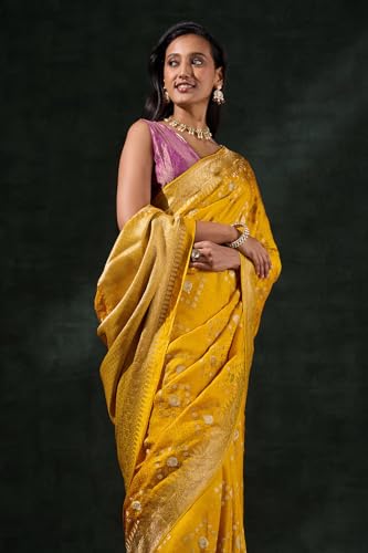 Taneira Women Yellow Viscose Woven Saree With Unstitched Blouse Piece (SAPP02AB0919-Yellow)