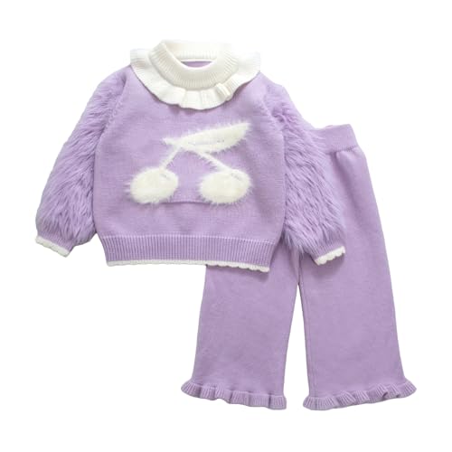 Hopscotch Girls Full Sleeves Lavender 2-Pc Cherry Motif Fur Pants Set For Ages (5-6 Years)