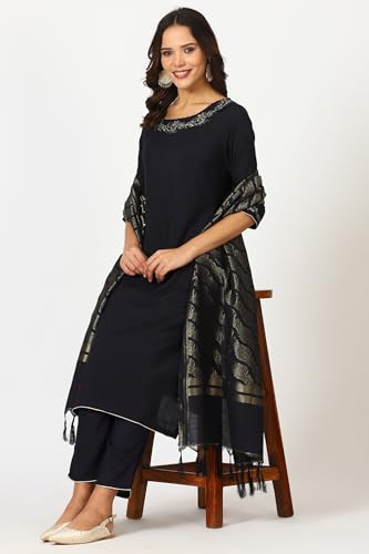 W for Woman Navy Blue Metallic Embroidered Straight Festive Kurta, Straight Pants and Jacquard Dupatta Set (Size: XS)-24AUWS11187-222209