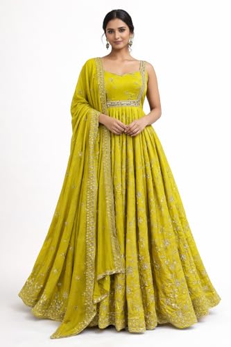 Pistachio Green Anarkali Gown with Embroidered Elegance and Festive Royal Heritage Charm for Celebrations, Traditional Indian Ethnic (in, Alpha, M, Regular)