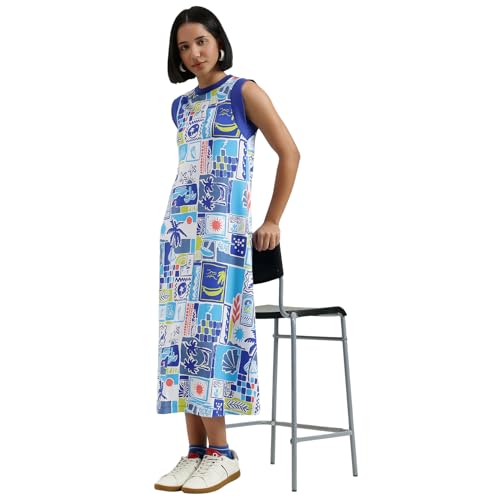 United Colors of Benetton Round Neck Printed Dress (Size : XS) - 26P3BL0DV01RG902 Blue