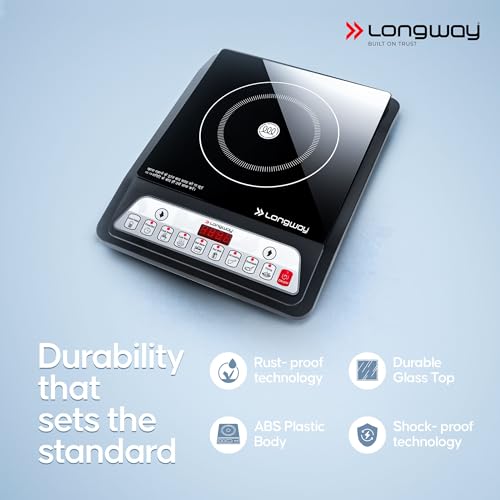 Longway Ember Plus 2000 Watt Induction Cooktop with Auto Shut-Off & Over-Heat Protection With 7 Cooking Mode & BIS Approved | 2 Years Warranty (Black, Push Button)