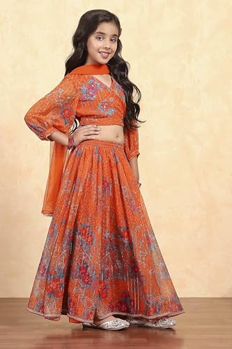 Biba Girl's Orage Polyester Prited Kalidar Lehega Set
