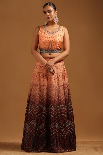 Soch Womens Peach Russian Silk Floral Print Lehenga Choli With Mirror Work