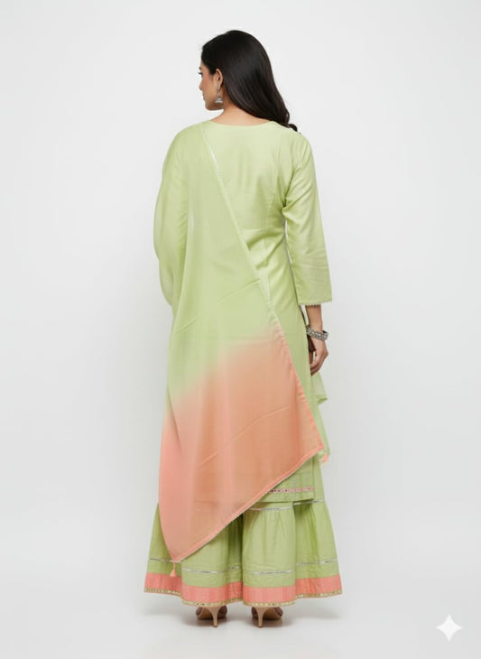 Women's Traditional Sharara Set with Embroidered Yoke, Mint Green and Peach Ombre Dupatta, Rayon Fabric, Three Piece Ethnic Wear