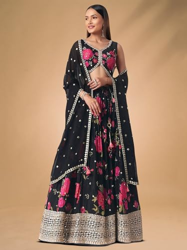 Zeel Clothing Women's Digital Print with Embroidered Chinnon Lehenga Choli With Dupatta (7098-Women-Lehenga-Choli-Latest, Free size) (Black)