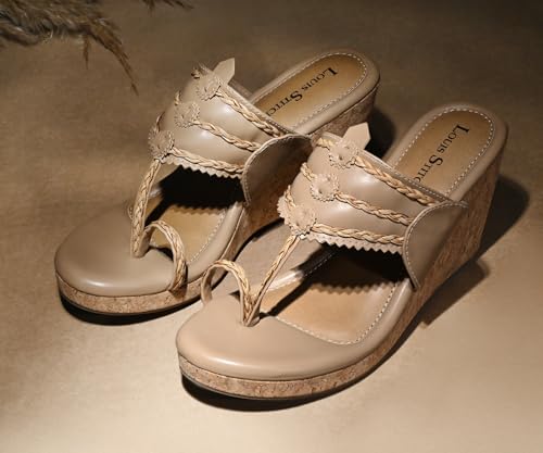 LOUIS STITCH Women's Fashion Wedge Heel Sandals | Toe Ring Style Beige Wedges for Ladies | LSOF-LDWH-TRETBG| (UK-4)