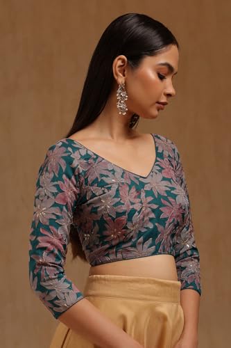 Soch Womens Blue Organza Floral Print Padded Blouse with Zari