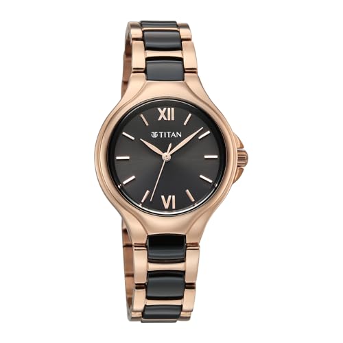 Titan Work Essentials with Black Dial Rose Gold Metal Strap Watch for Women - 95380KD01