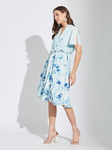 Latin Quarters Women Blue V-Neck Half Sleeves Tie Dye Knee Length A-Line Dress for Casual Wear_XL