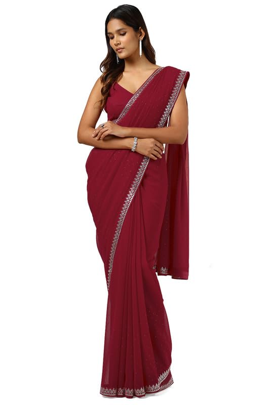 Soch Womens Maroon Georgette Saree With Stone Work