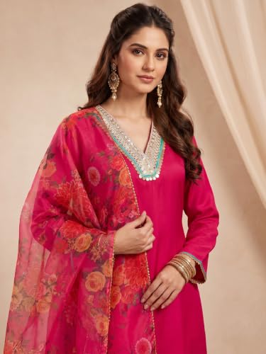 Varanga Women Red Kurta Trousers Set V Neck Silk Blend Zari