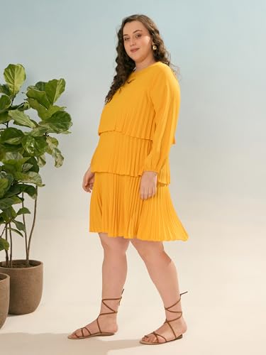SASSAFRAS Curve Women's Heavy Georgette Above The Knee Tiered Skater Dress (SFDRSS12916_Mustard_4XL)