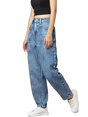 ONLY Women Washed Cotton Blend Baggy Fit High Rise Blue Jeans