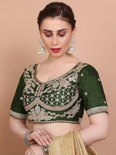 S SALWAR STUDIO Mehendi Green Silk Embroidered Readymade Alterable Saree Blouse