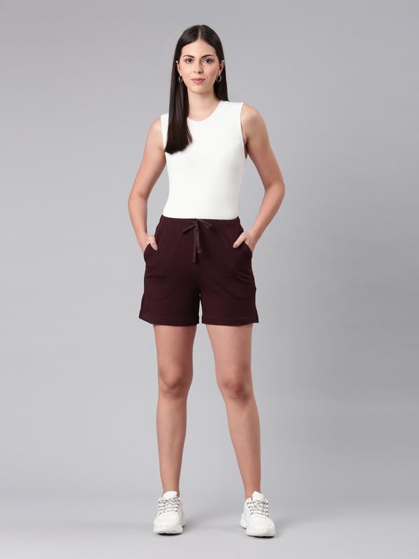 GO COLORS Women Solid Dark Wine Mid Rise Casual Shorts